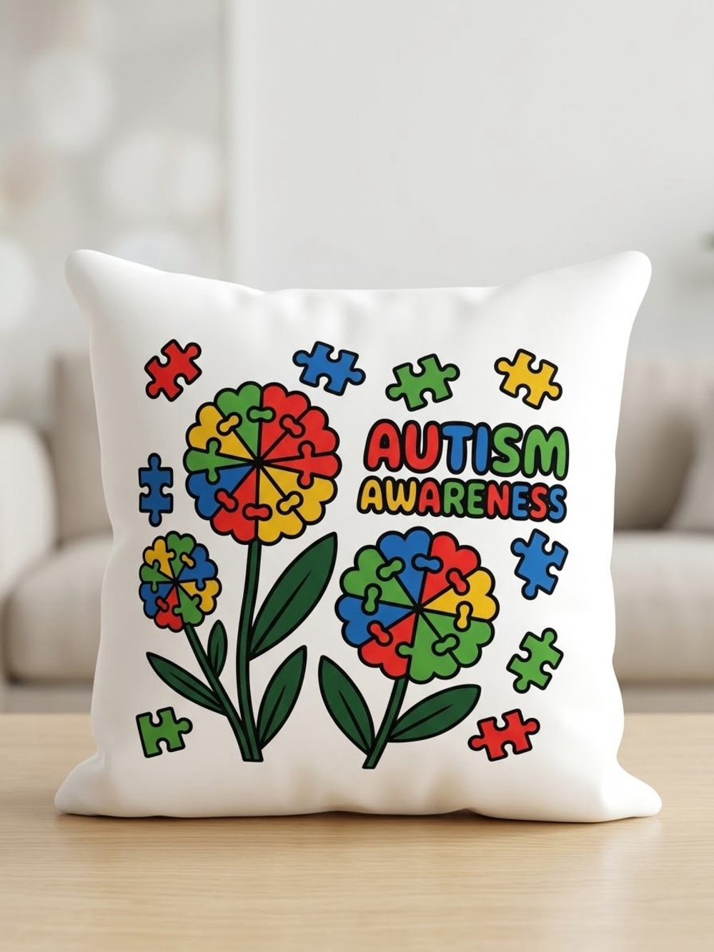 Autism Awareness Kids Pillow - White with Multicolor Puzzle Flower Design